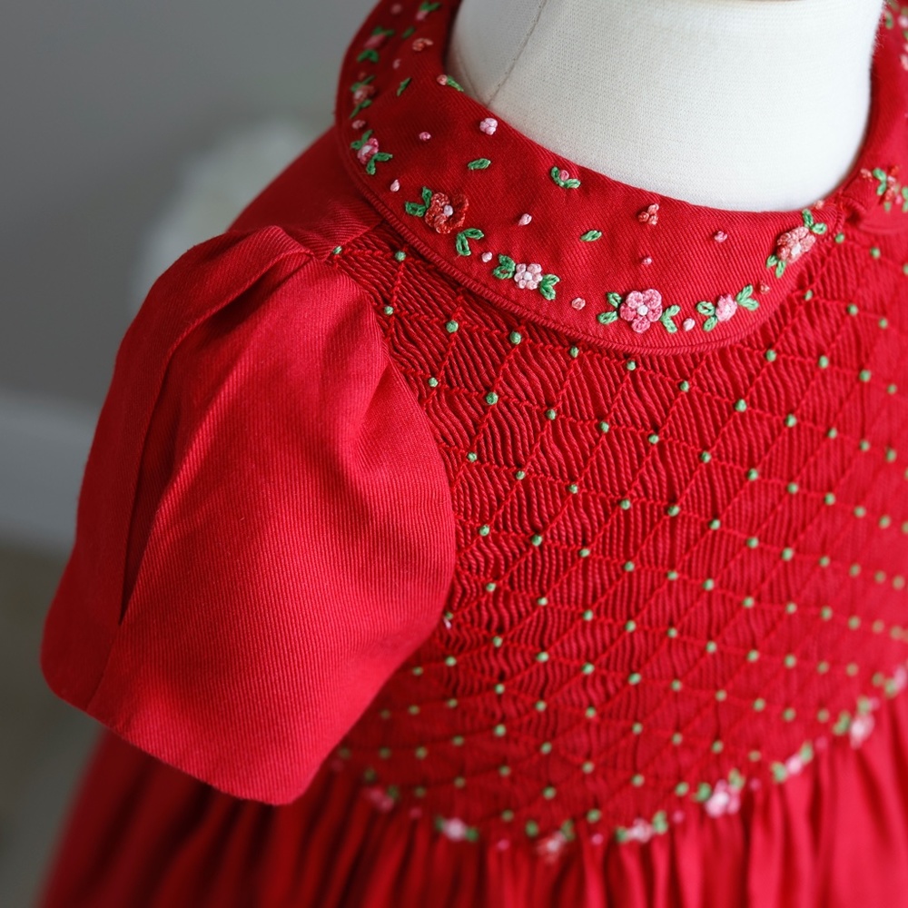 Girls Red Smocked Dress Size 3T Embroidery Luli & Me Short Sleeve